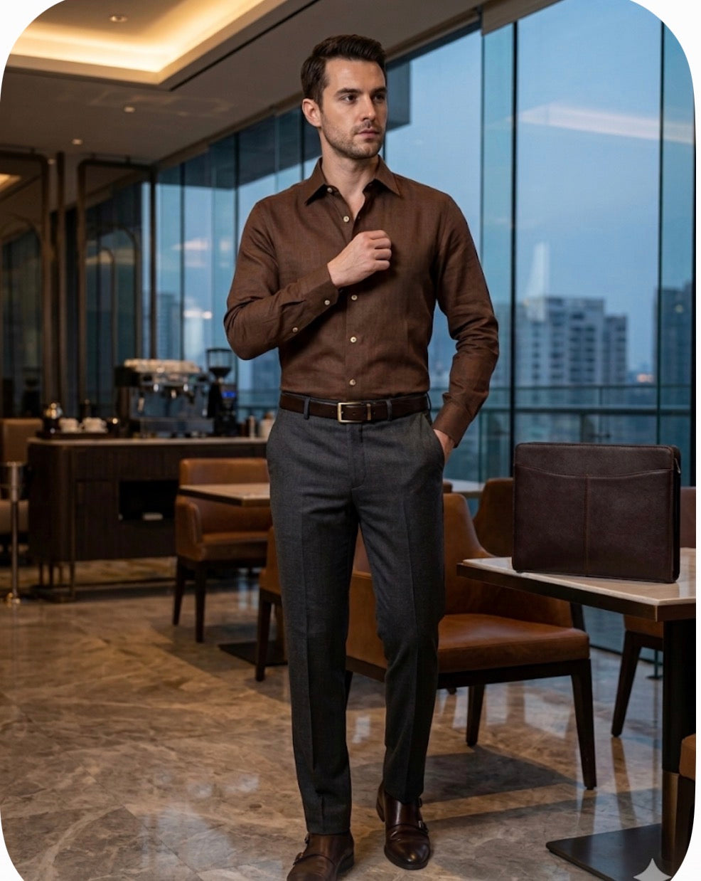 AQUARIUS Brown Colour Premium Quality Plain Full Sleeve Linen Shirt 990837