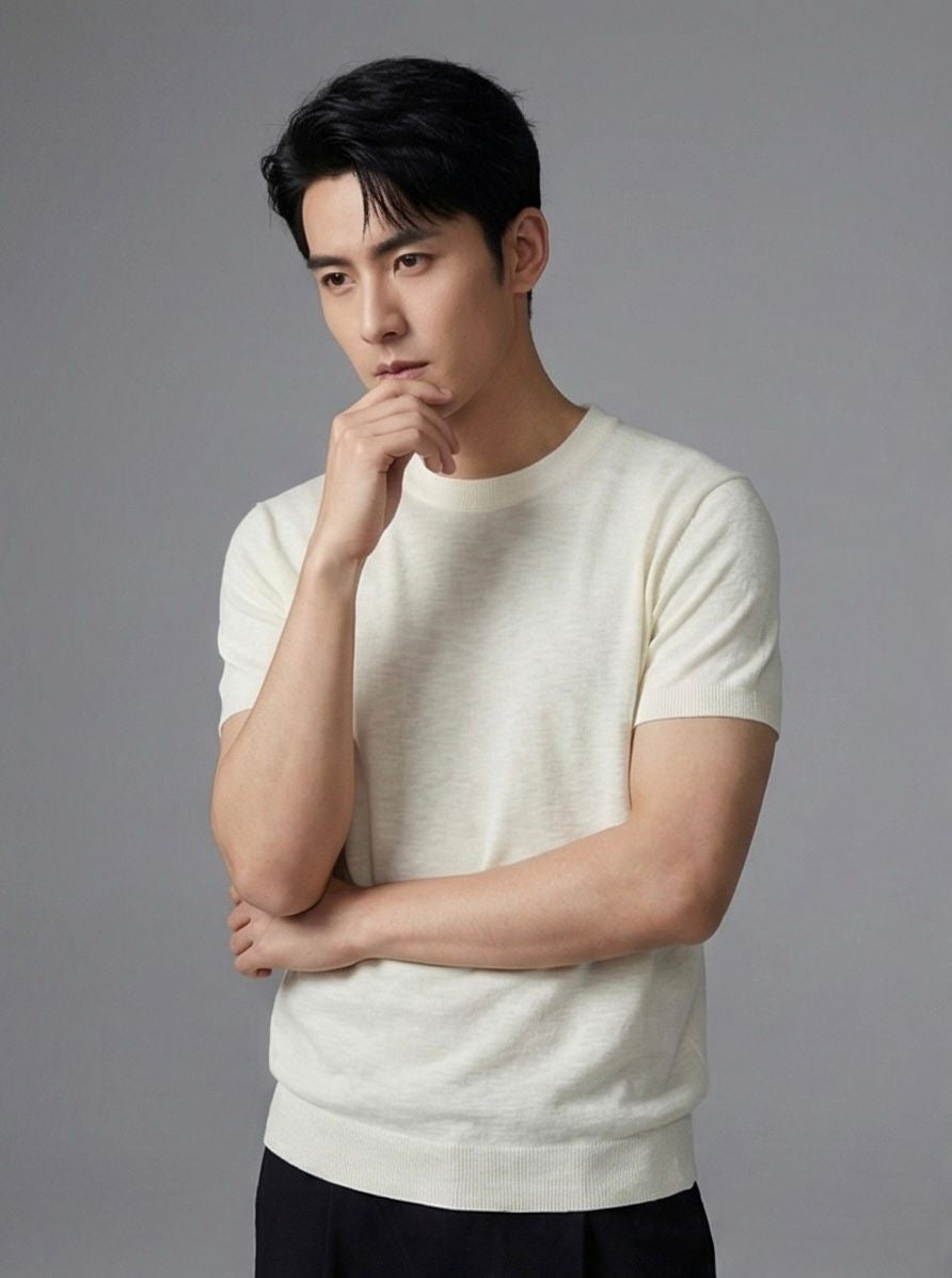 Modern Stylish Cream Blue Colour Round Stich knitted Round Neck Tshirt 7057