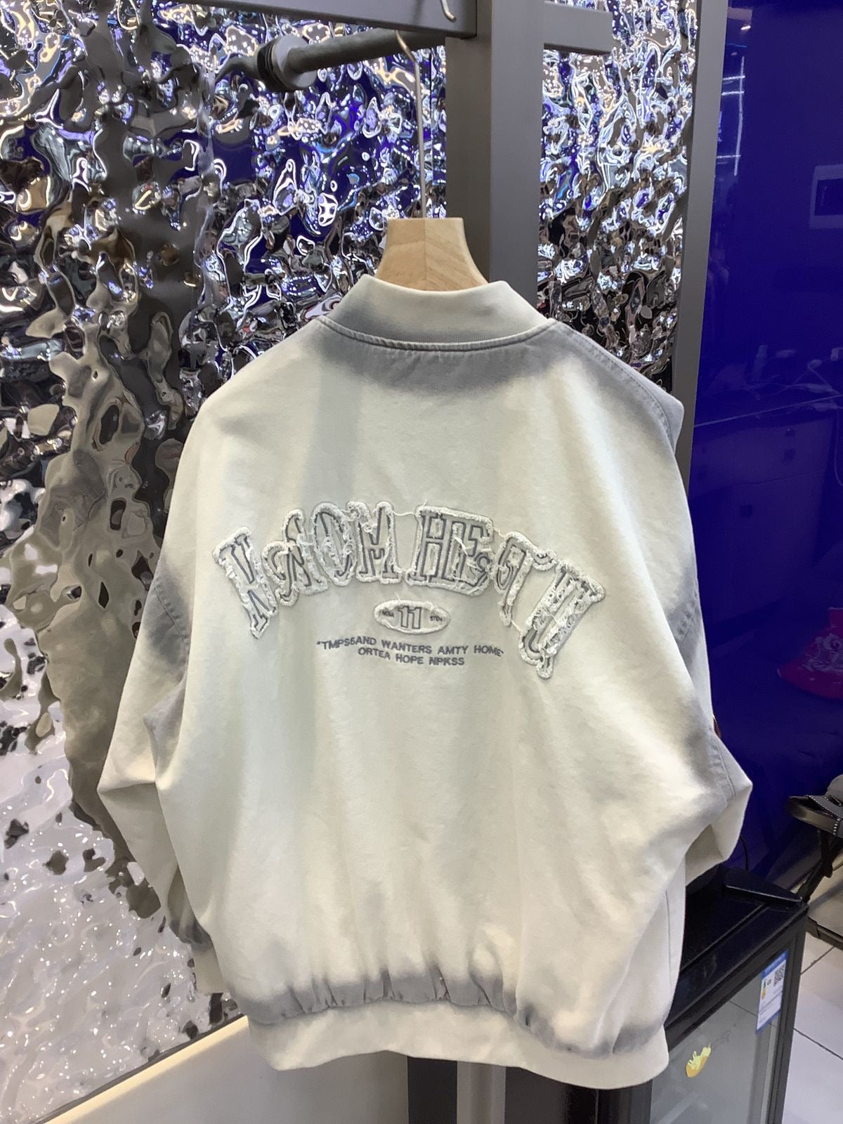 NOSAURUGTERE Cream Grey Denim With Back Embroidery Premium Quality Unisex Varsity Jacket 9507