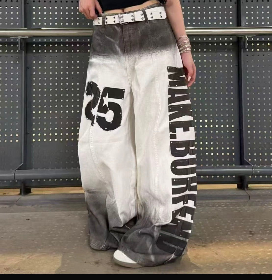 Yilufa White Grey Colour 25 Black Print Baggy Fit Unisex Imported jeans 1997