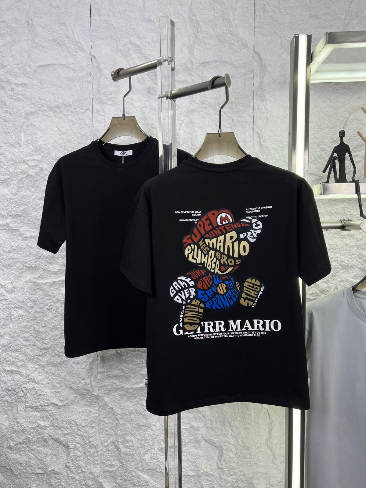Raz Zar Black Colour EST.1988 Mario Back Print T-Shirt 5584
