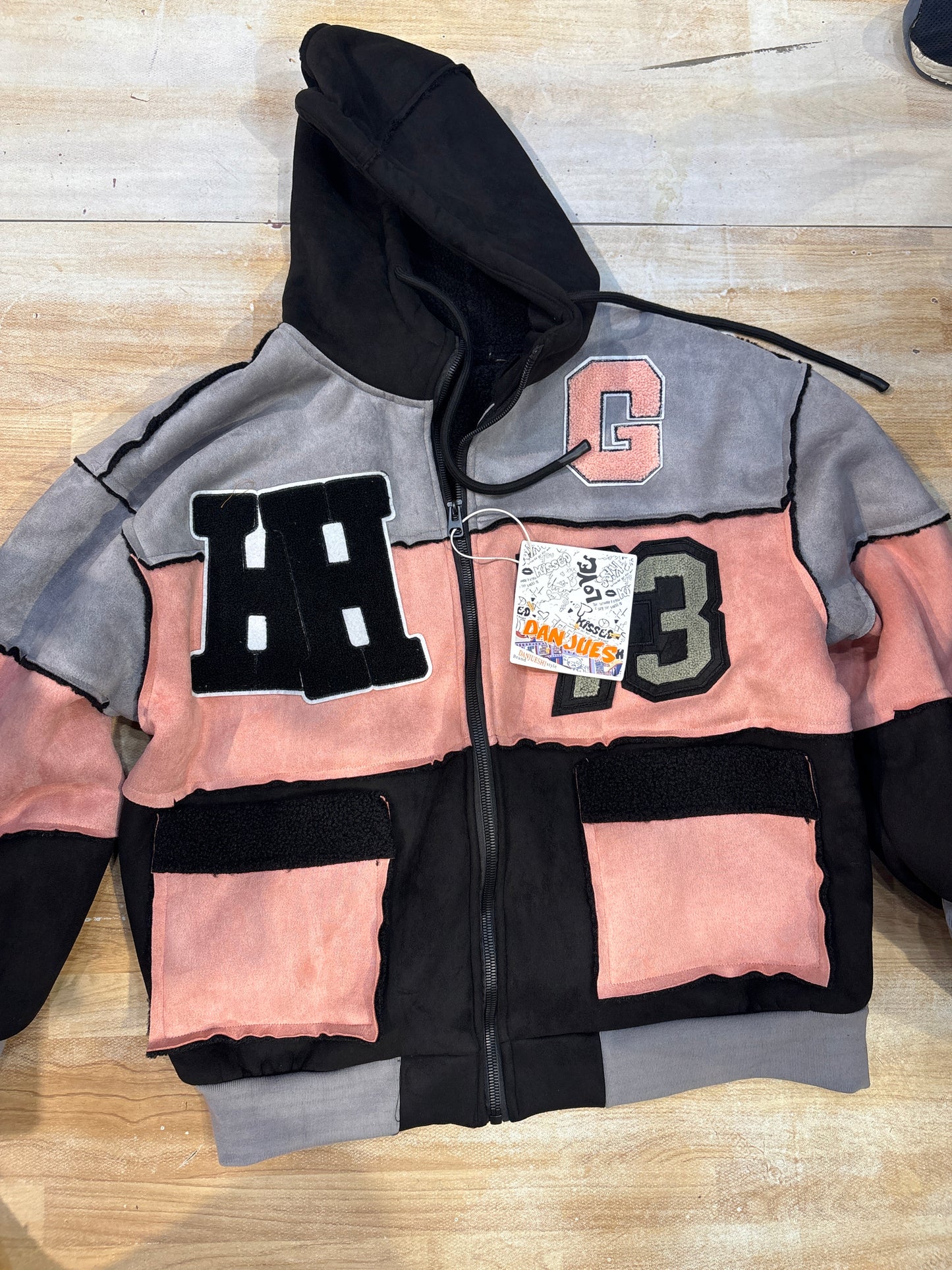 HH G 73 Purple Red Black Colour Heavy Quality Patch Work Hooded Jacket 24535