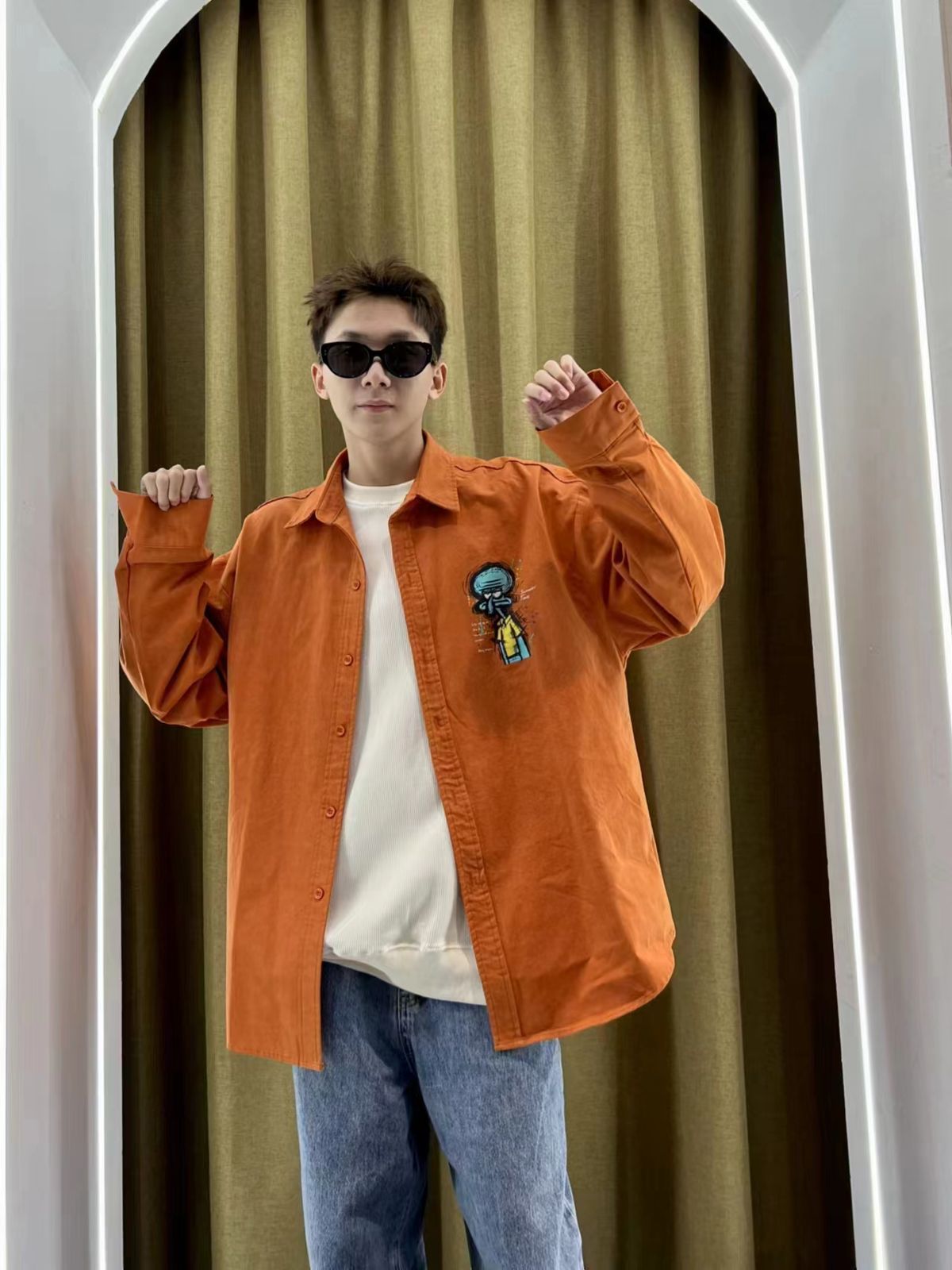 Monte Orange Colour Front Back Print Premium Quality Over size Full Sleeve Shirt 6361