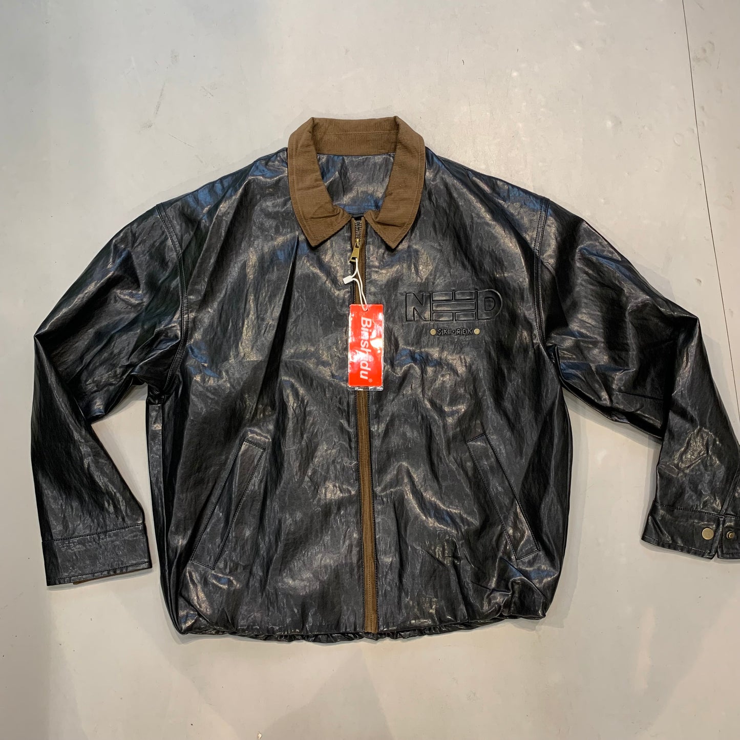 NEED SKI+REK Black Italian Leather With Brown Corduroy Collar Premium Quality Men’s Jacket MH857