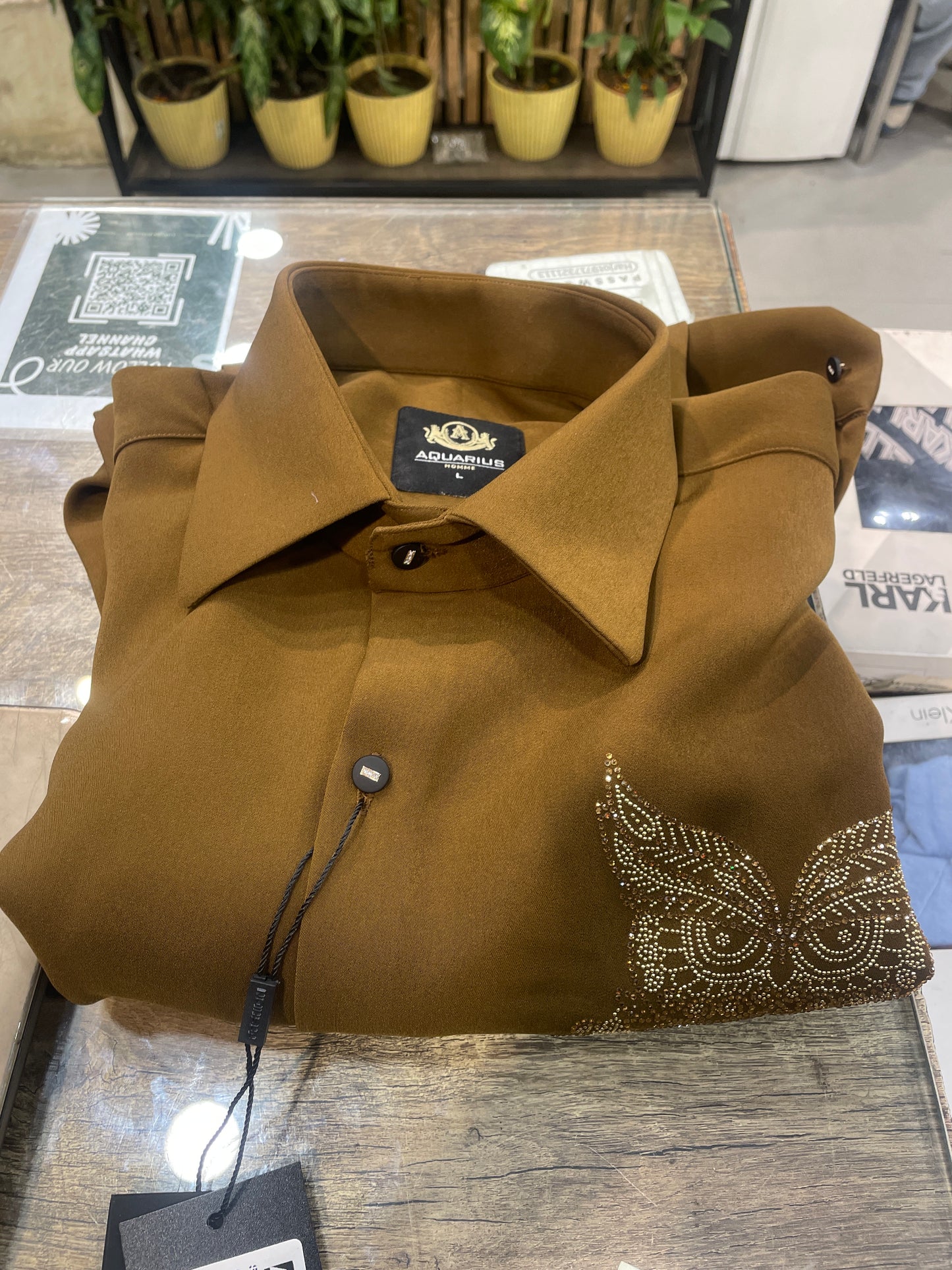 AQUARIUS Brown Colour Owl Gold Stud Design Premium Quality Full sleeve Shirt 2574