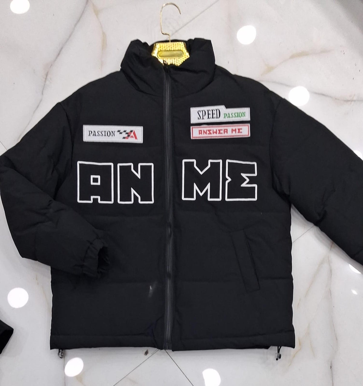 Junxiwz Black Colour ANME Embroidery Puffer Unisex Imported Jacket