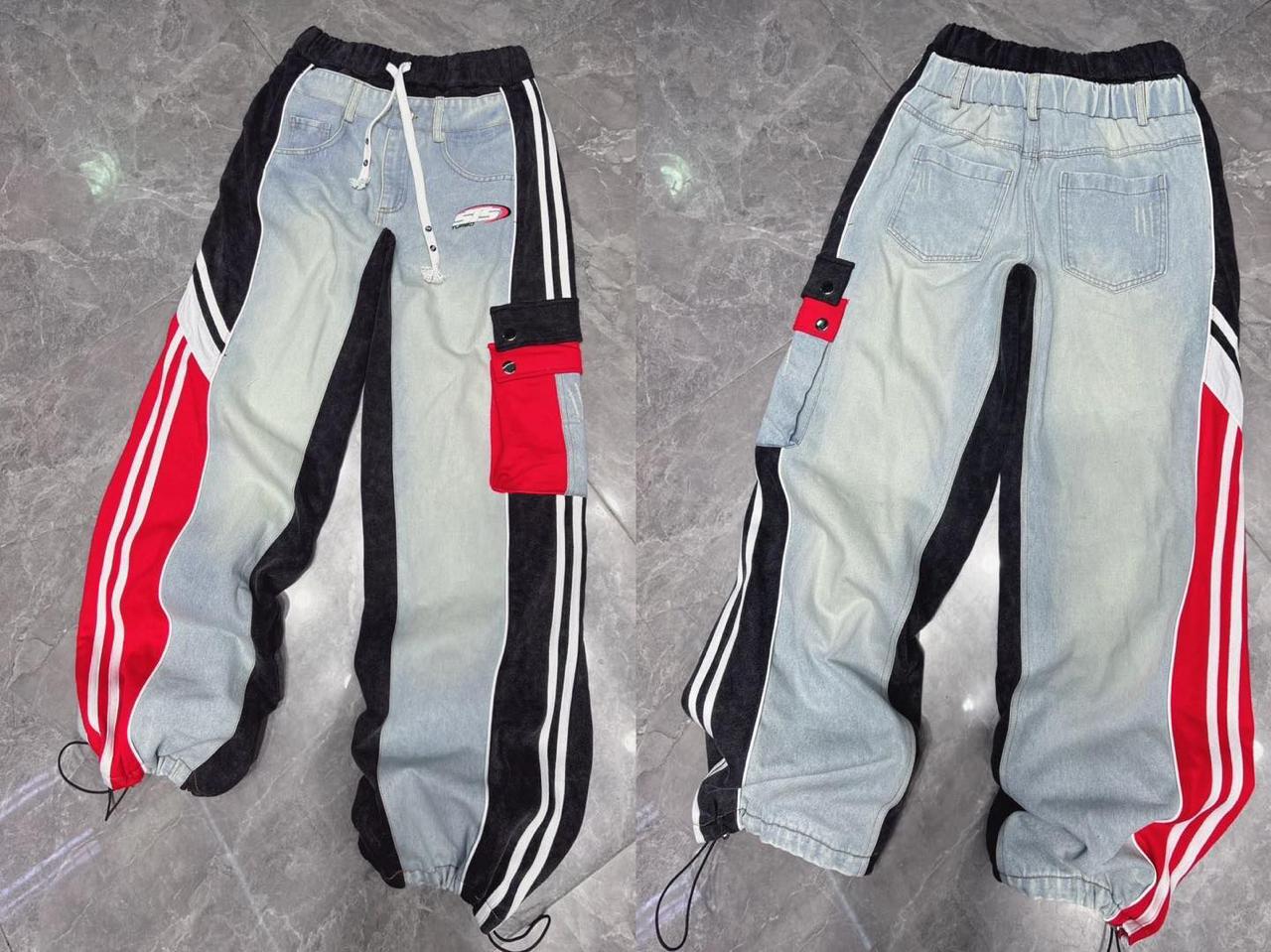 Seven+ STS Turbo Sky Blue Black Red White Stripe Colour Imported Baggy Fit Jeans N50049