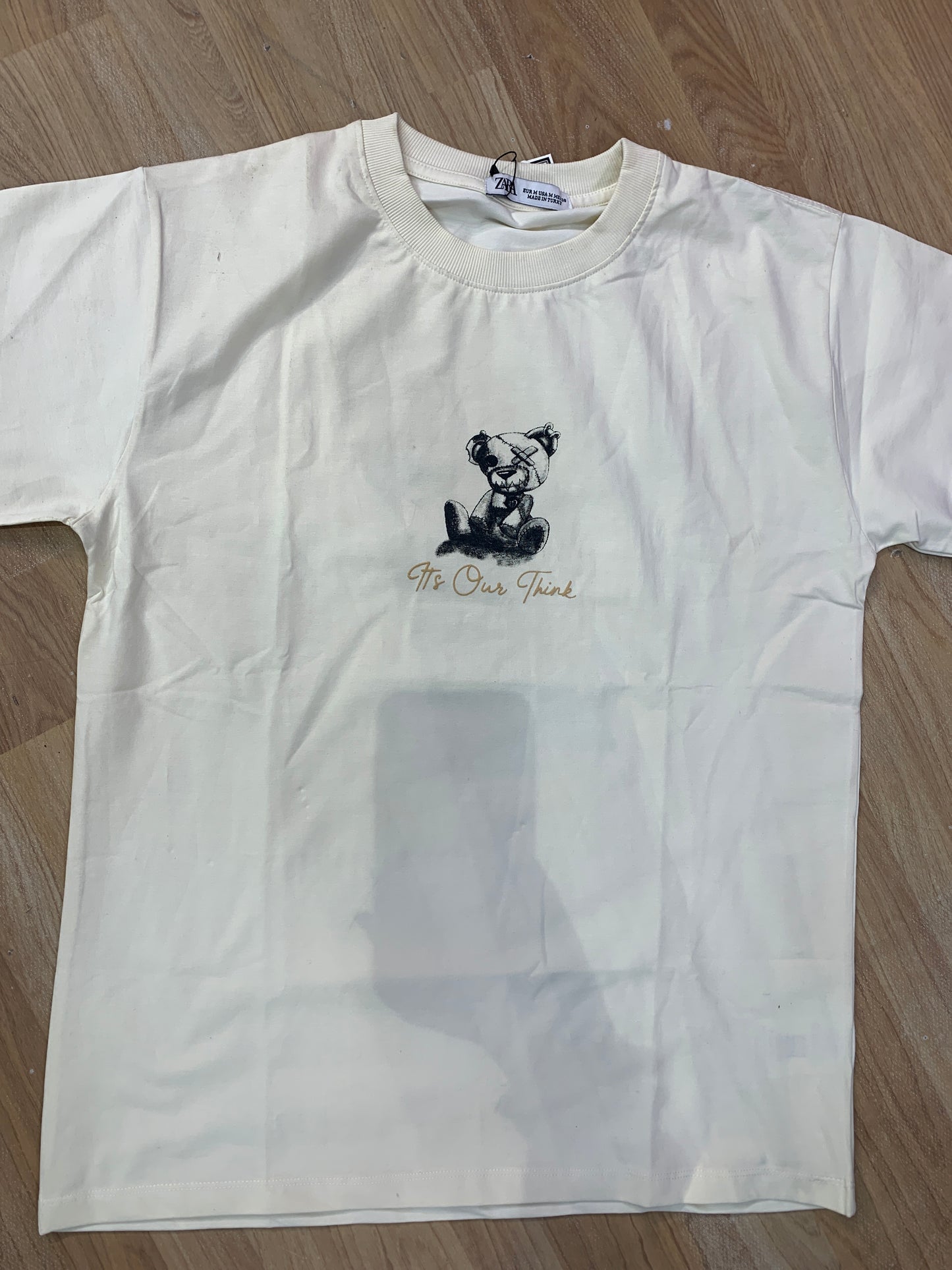 Raz cotton imported T shirt cream black Teddy colour drop shoulder ItsOur Think 988670
