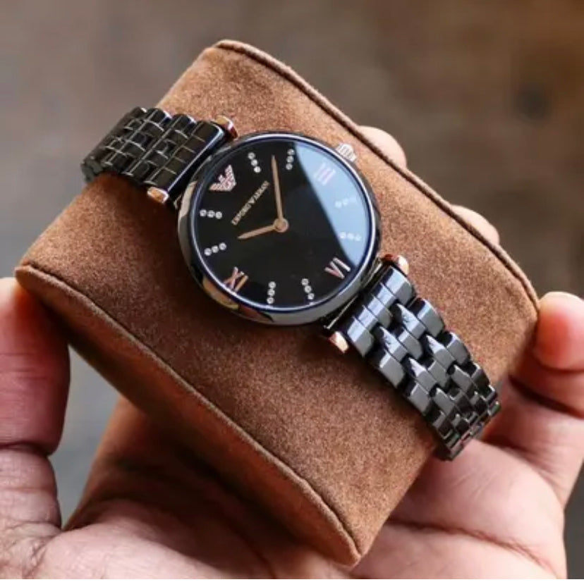 Mra Black Chain Black Copper Stud Chrono Dial Ladies Watch 401808