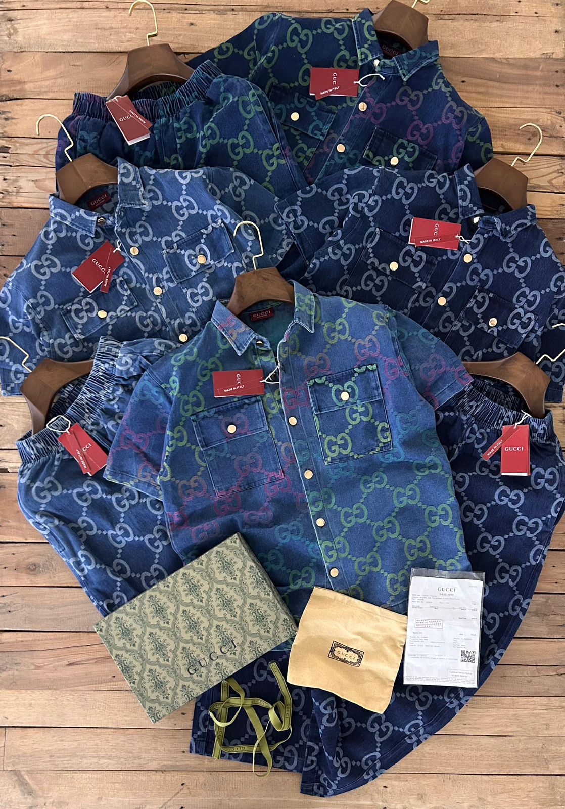 Cug Blue Colour Green Purple GG Print Double Pocket Half Sleeve With Lower Denim Coord Set 989478