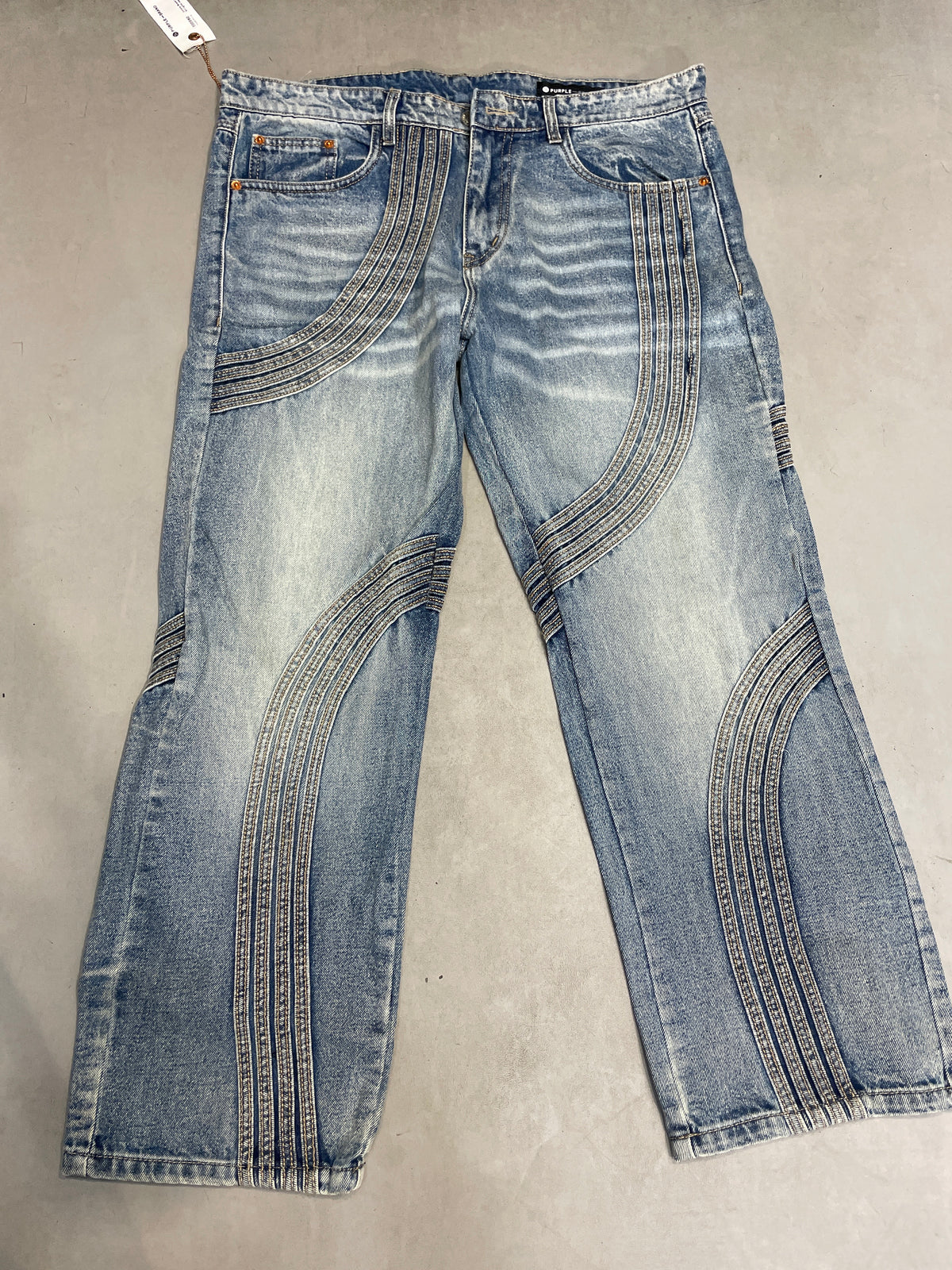 Purple Brand Faded Blue Colour Stripe Designer Premium Quality Loose Fit Imported Denim Jeans 3016-A