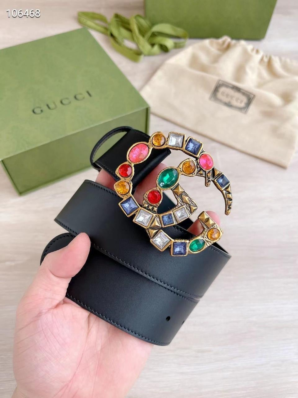 Cug Guc Black Strap Golden Coloured Stud Buckle Belt 989063