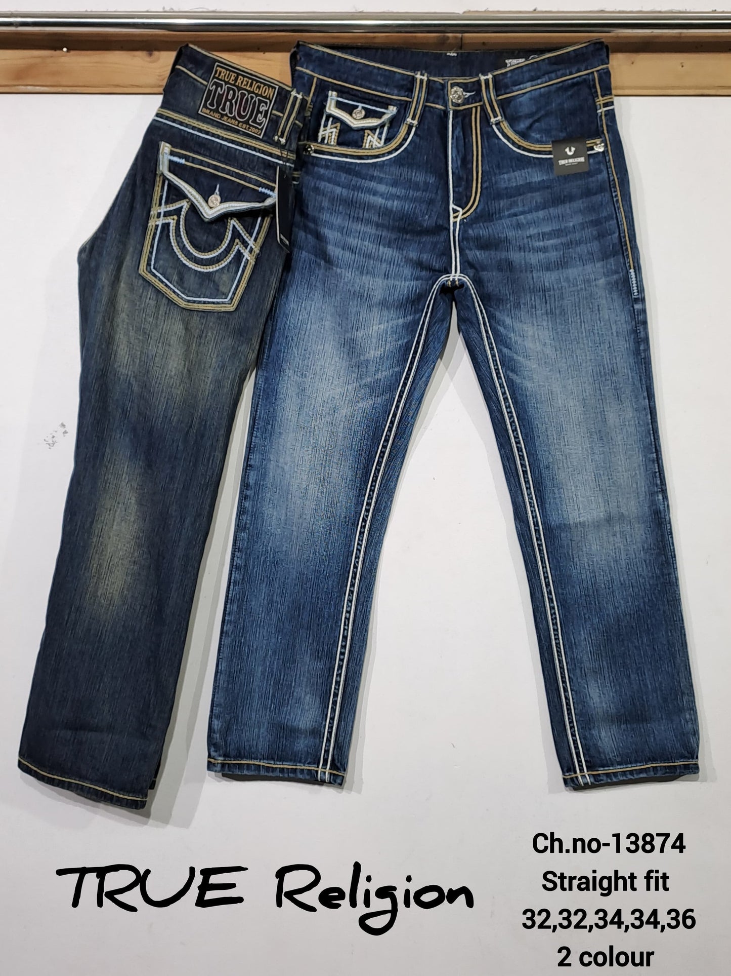 Tr Urt Blue Beige White Thread Embroidery Work Straight Fit Jean DBF9531