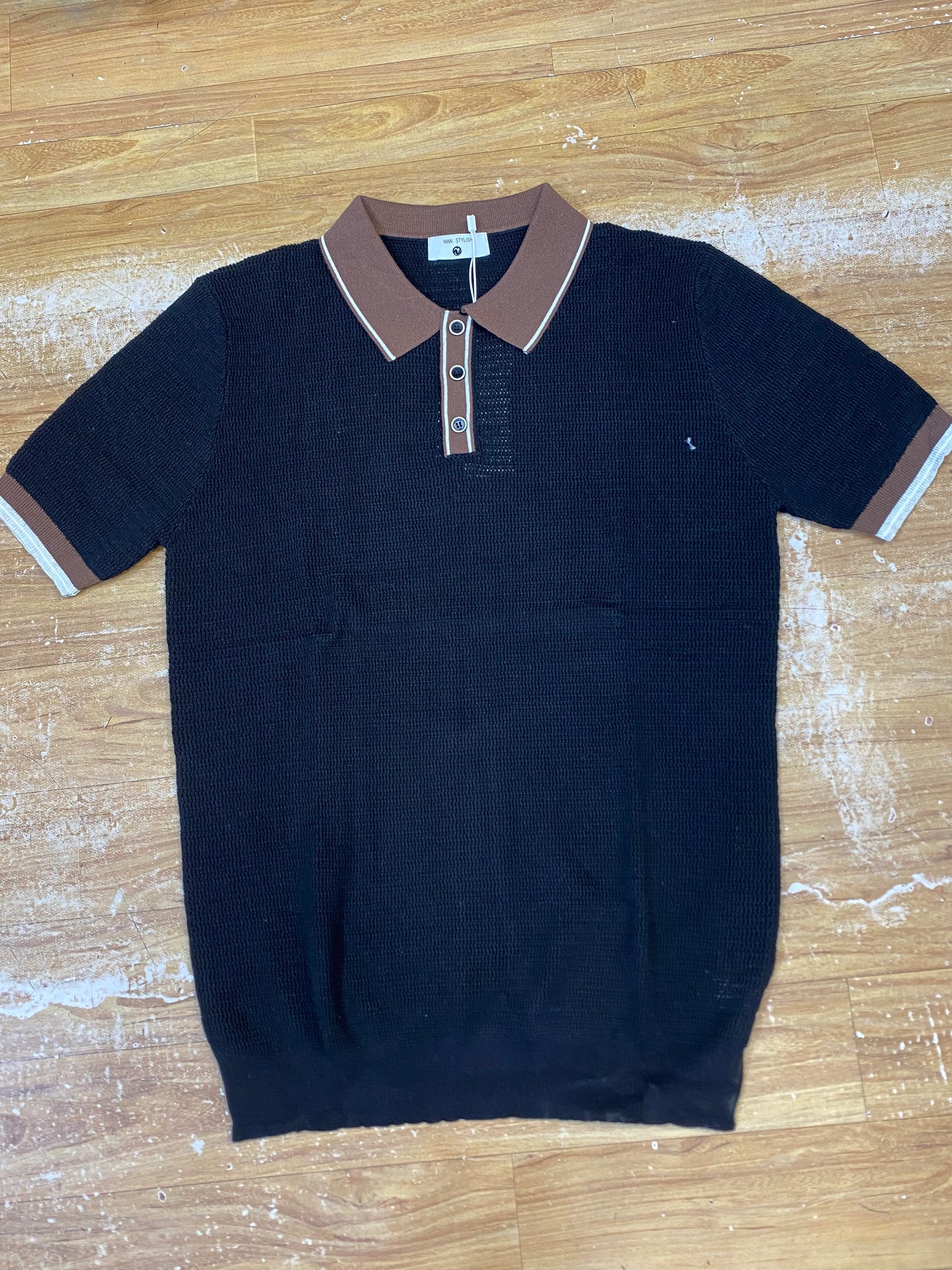 REA Aertu Black Beige Colour Knitted Premium Quality Unisex White Lining Collar T-Shirt R86131