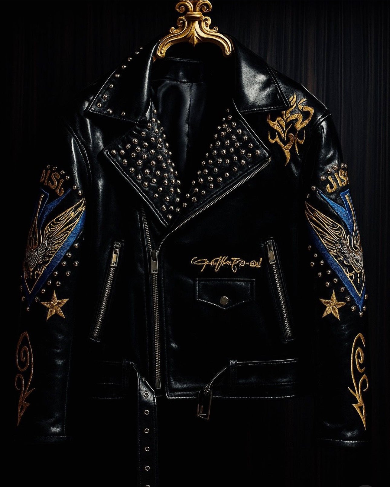 Hot Trousers Black Glossy Stud Heavy Embroidery Work Gold Blue Print Black Colour Jacket 7015