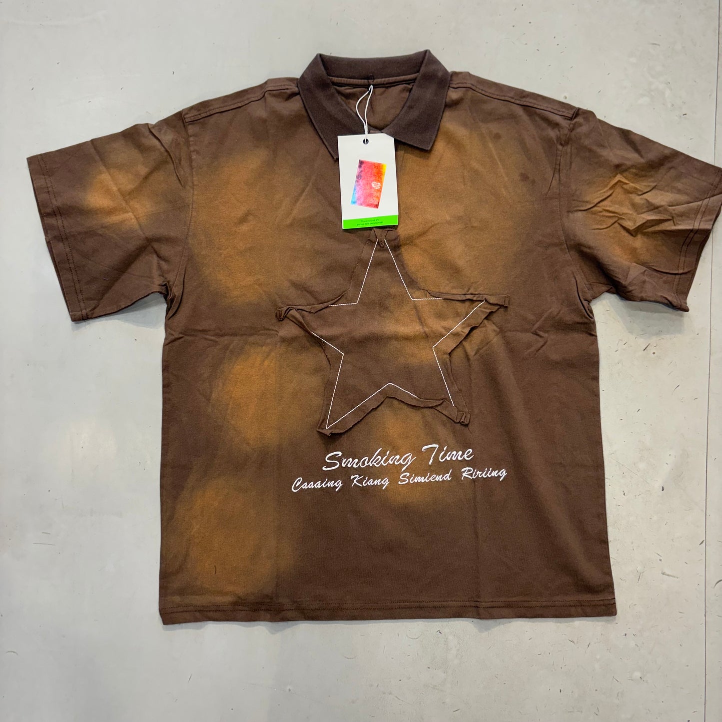 SMOKING TIME Brown Colour Star Patch Imported Oversized Unisex Coller TShirt 2516