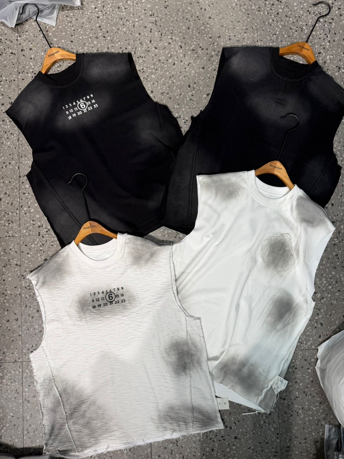 White Grey Faded Colour Number 6 Cut Sleeve Sandos LS2508