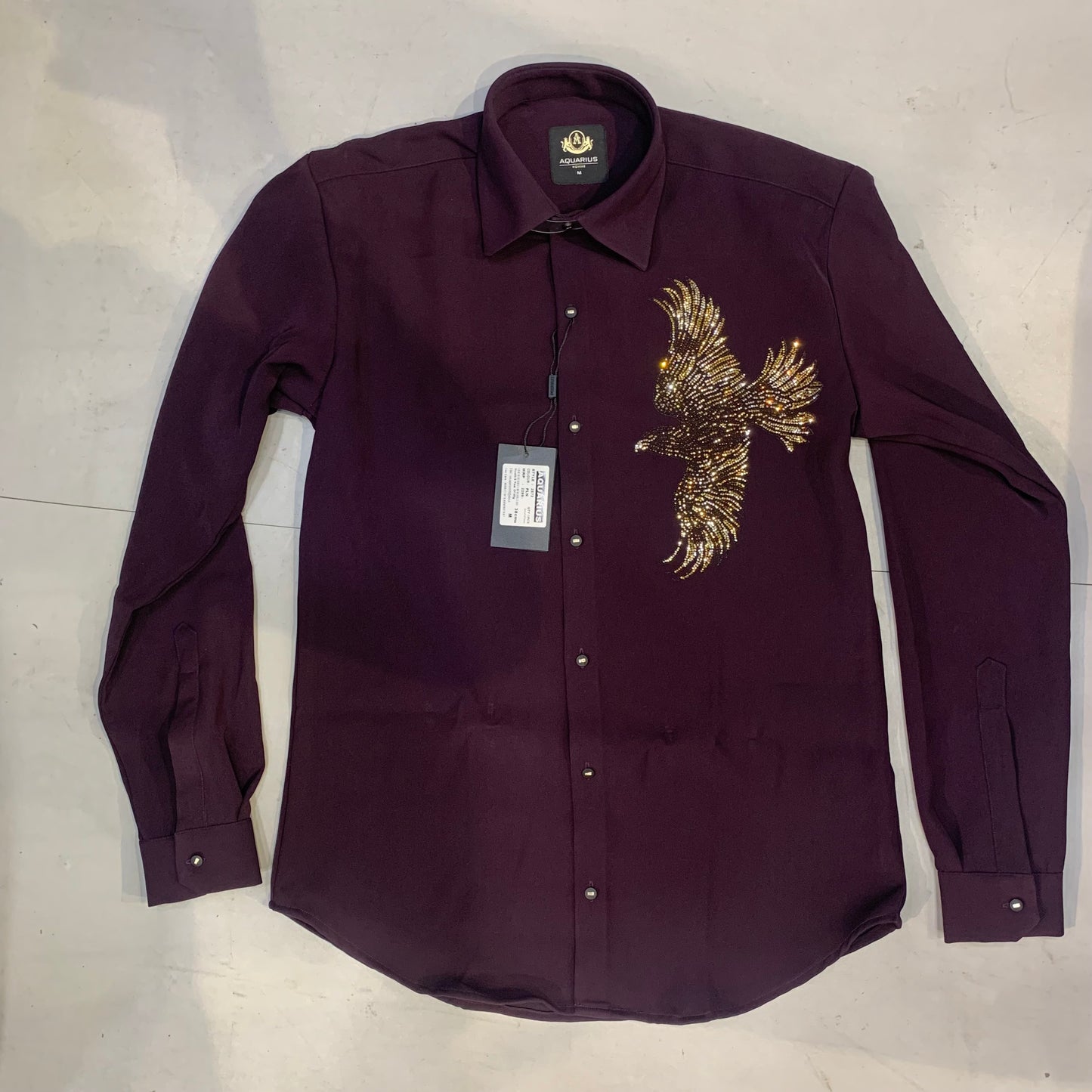 AQUARIUS Purple Colour Eagle Gold Black White Stud Design Premium Quality Full sleeve Shirt 2572