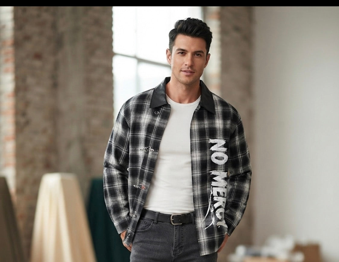 Vogue Desing Black White Check No Mercy Print Leather Collar Premium Quality Unisex Shirt 1113-A