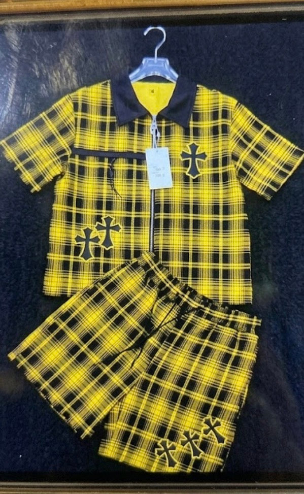 FASHION LINE Yellow Blue Check With Black Leather Collar Premium Quality Imported Unisex Coord Set 990697