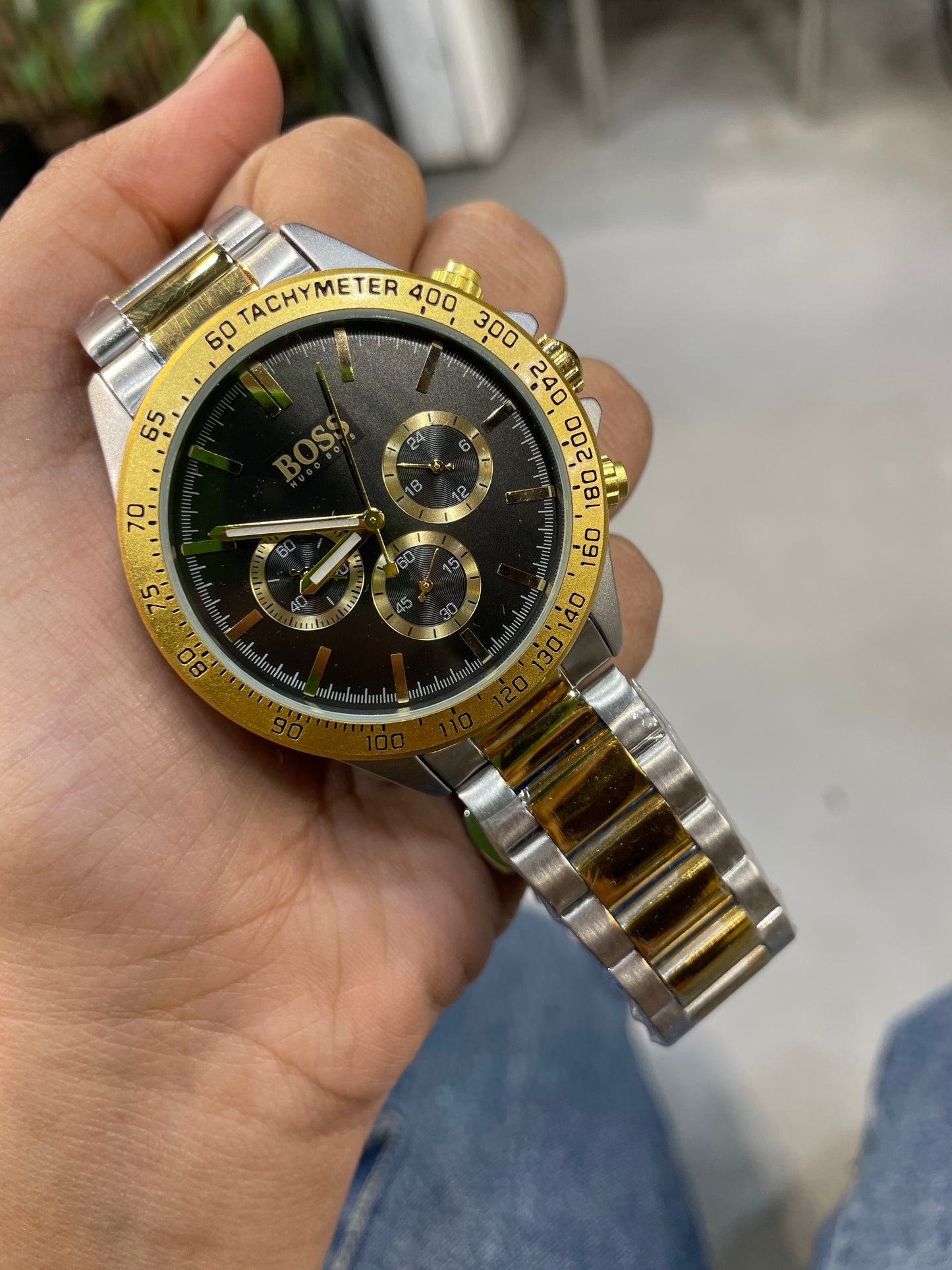 SOB BOS Black Dial Golden Silver Chain All Chrono Working Men’s Watch 990645