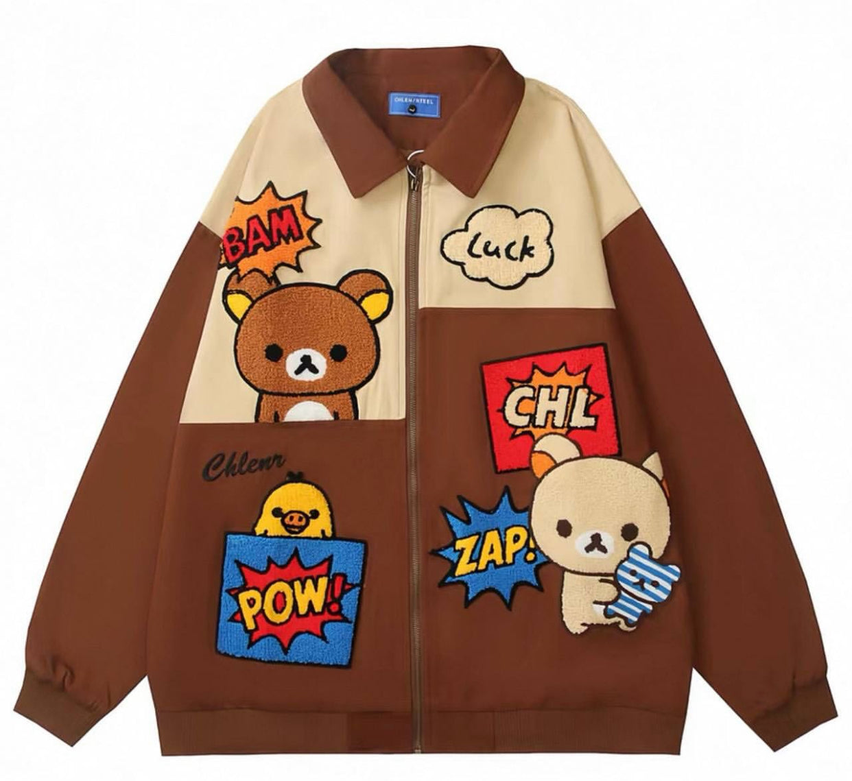 CHLEN RTEEL BAM CHL POW Brown Beige Colour Bear Embroidered Baggy Size Premium Quality Unisex Jacket HY568