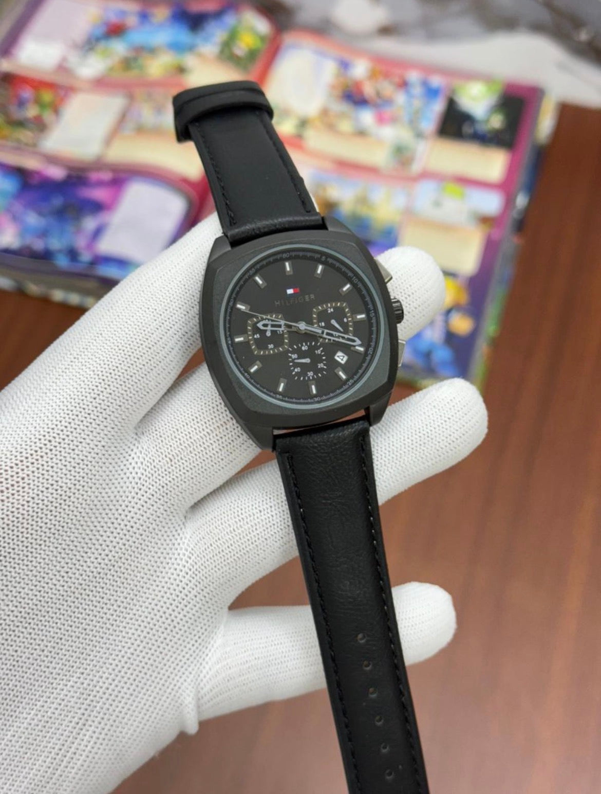 Mot Black Leather Strap Black Ring Black Dial Men Watch 990329