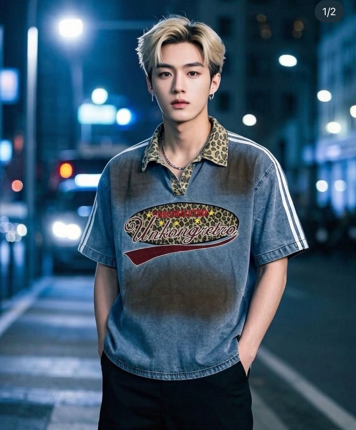 UNKONG RETRO Blue Denim With Leopard Collar Big Patch Imported Oversized Unisex Collar TShirt 8028