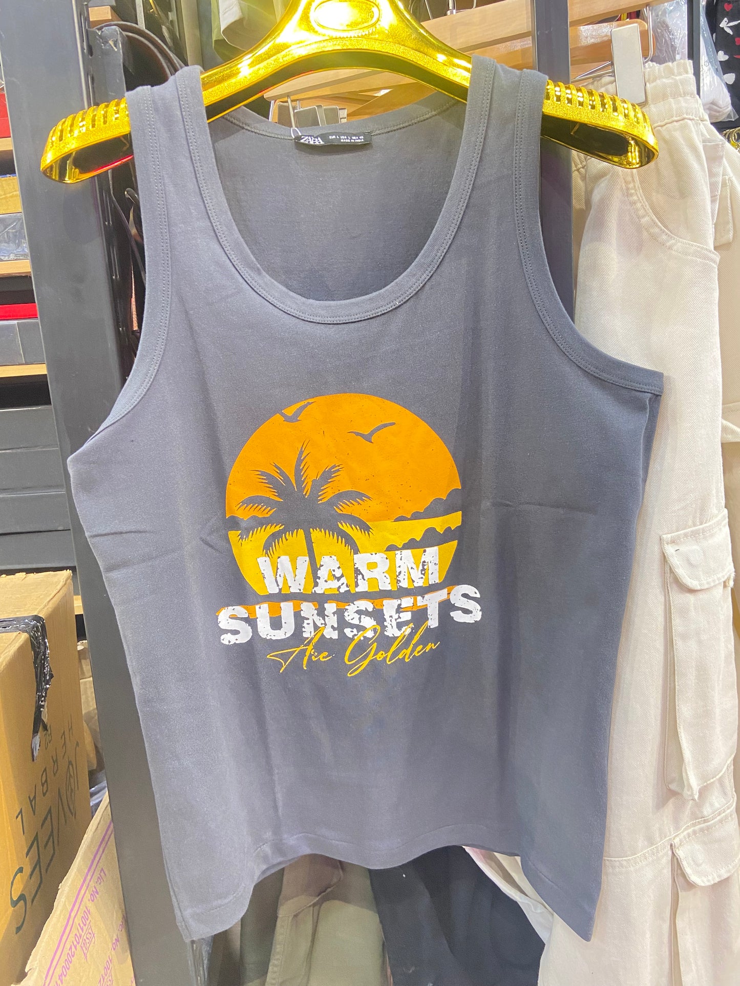 Raz Warm Sunsets Are Golden Grey Colour Orange Print Tank Top 988709