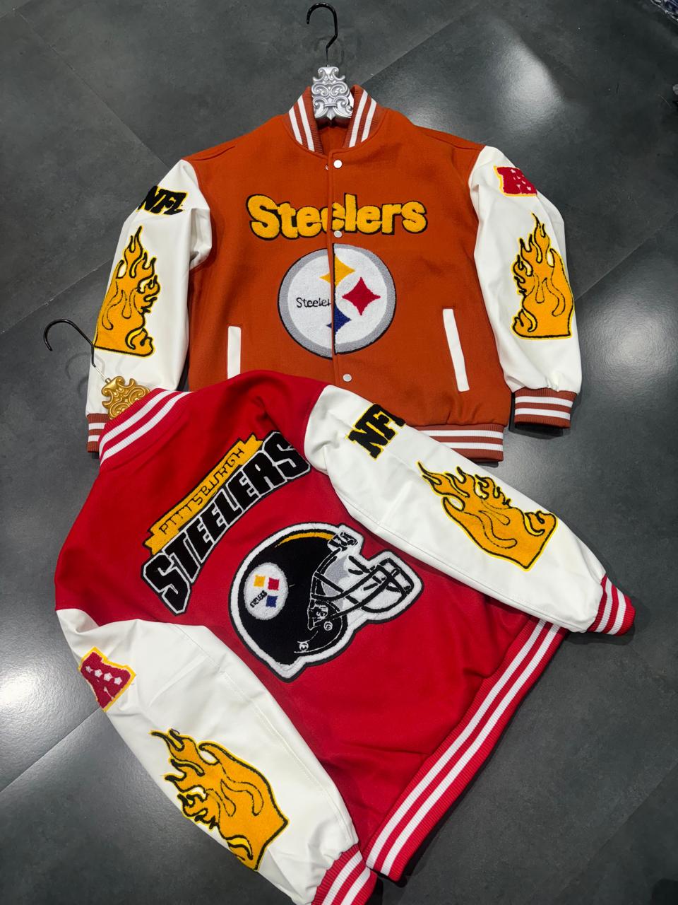 Steelers Orange Colour With Front Back Patch Work Premium Quality Varsity Jacket 668030