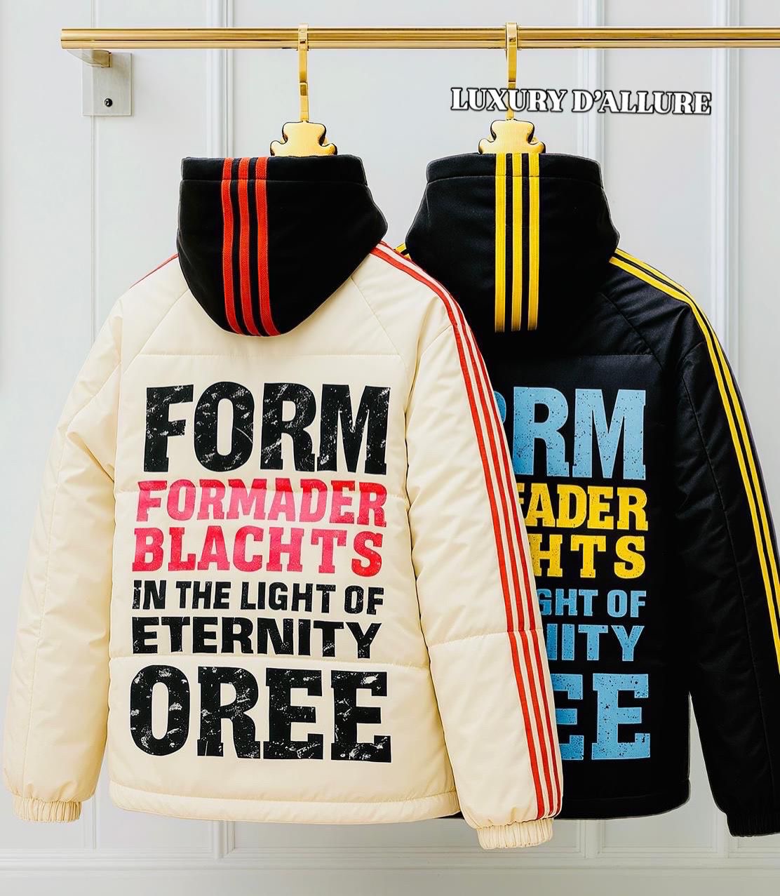 FORMADER BLACH6T Black Leather Puffer Yellow Side Lines With Back Print Men’s Hooded Jacket B6851