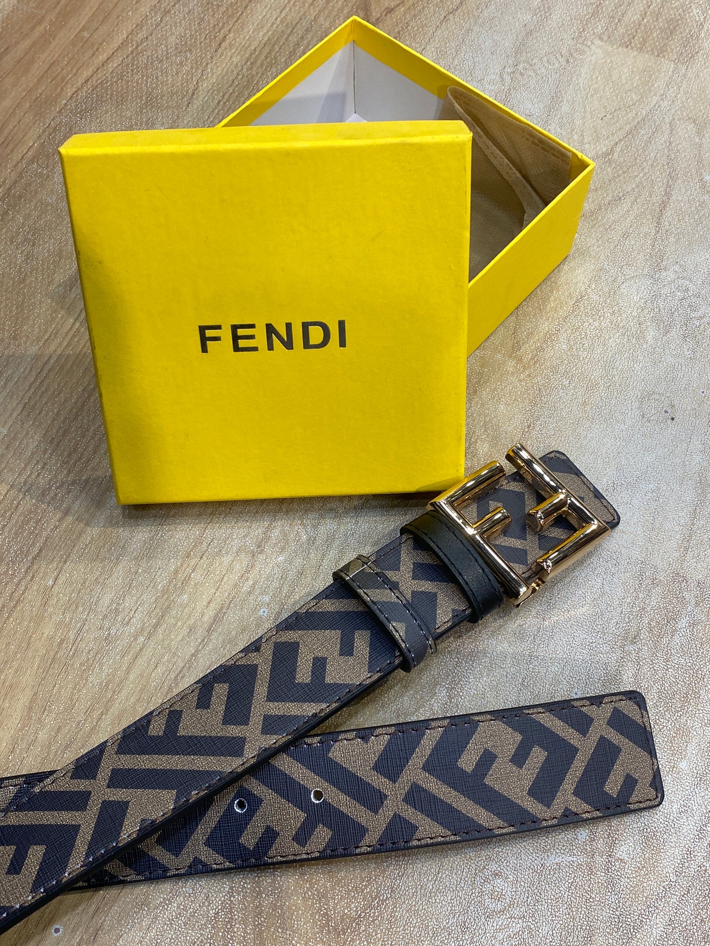 Fen Nef Beige Black Belt Gold Buckle Belt 20507