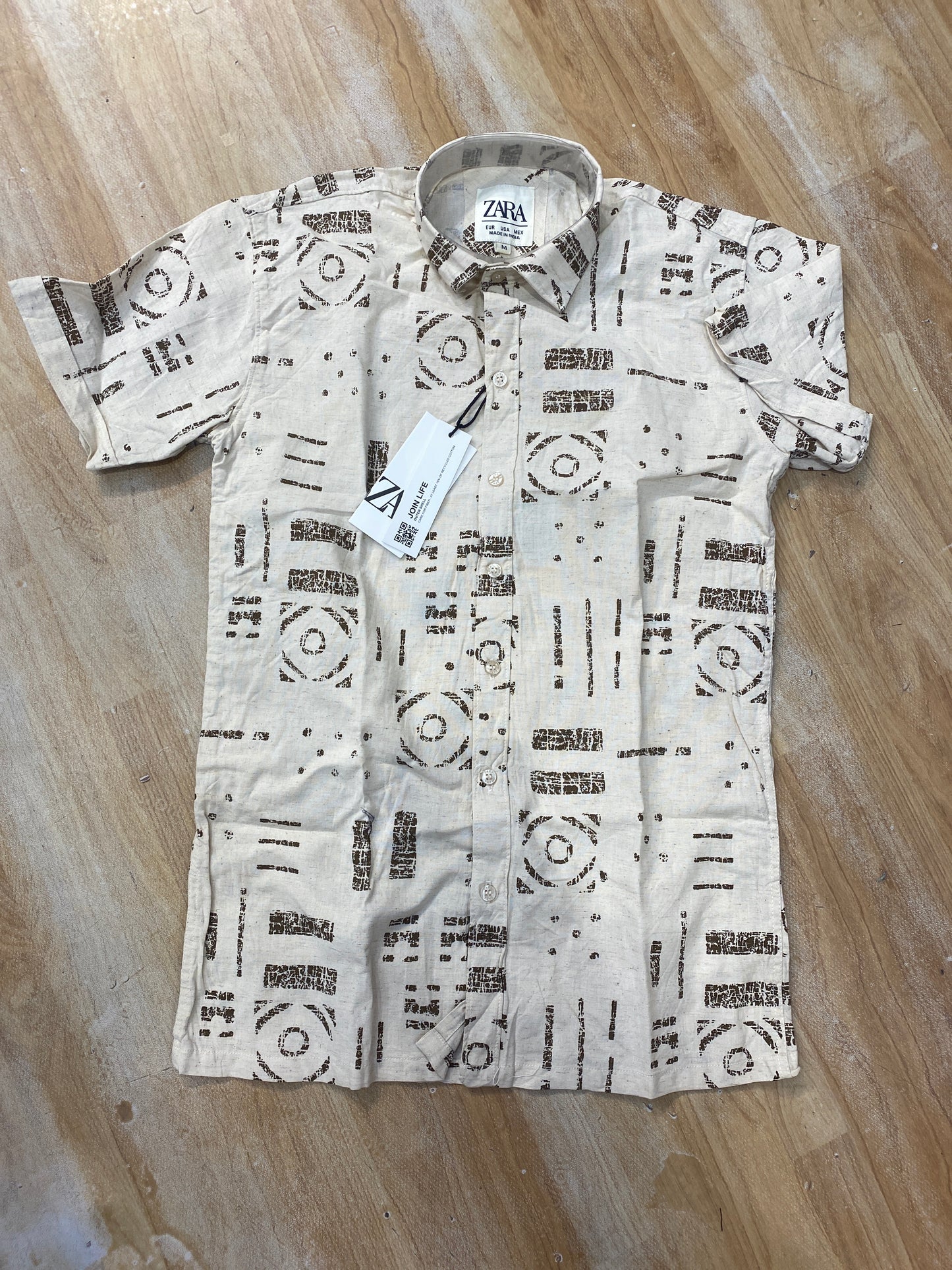 RAZ ZAR Cream Colour Brown Print Half Sleeve Linen Shirt 988989