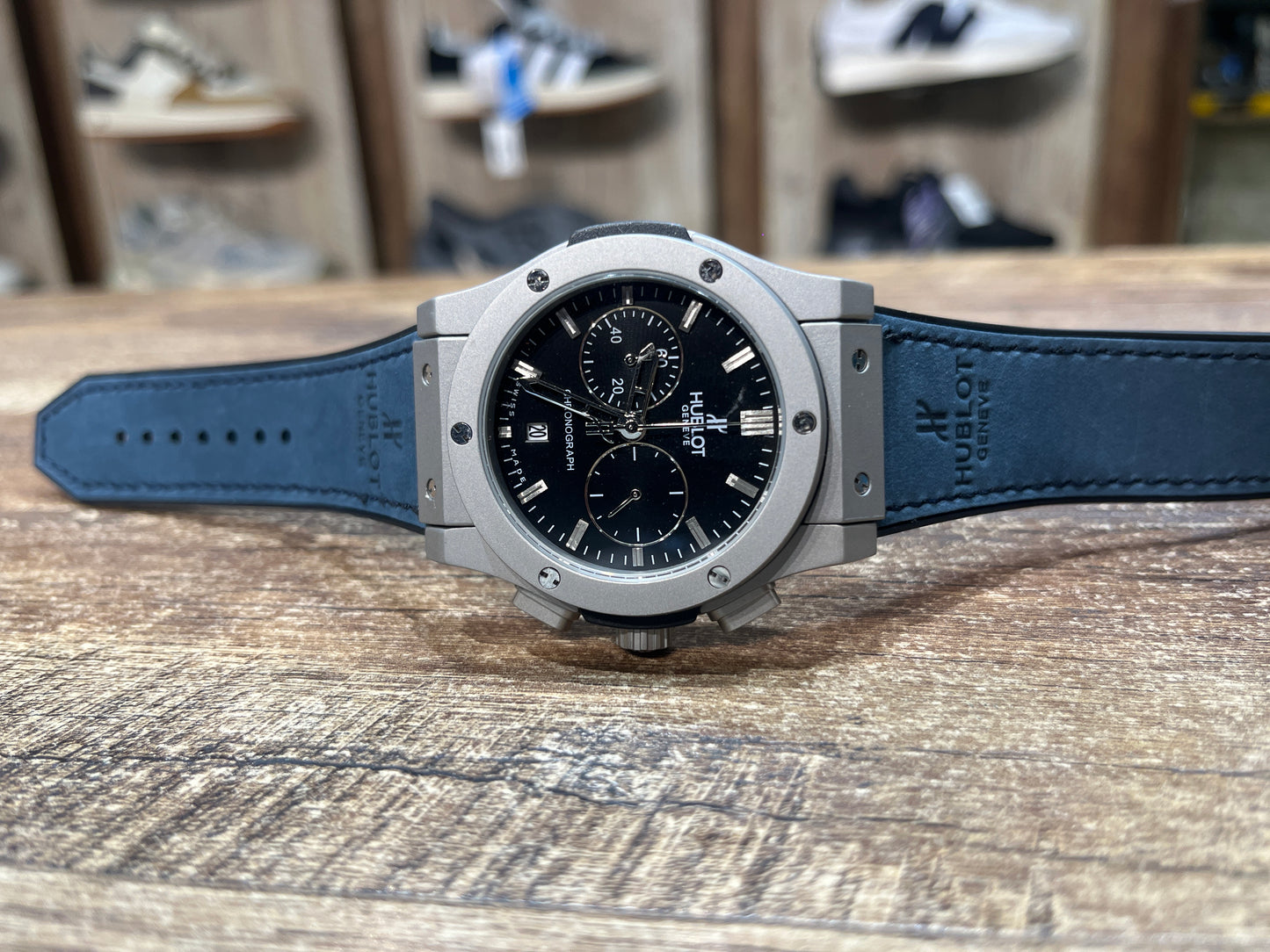 Buh Blue Silver Black Dial Chrono Leather Silicone Strap Watch For Men 400299