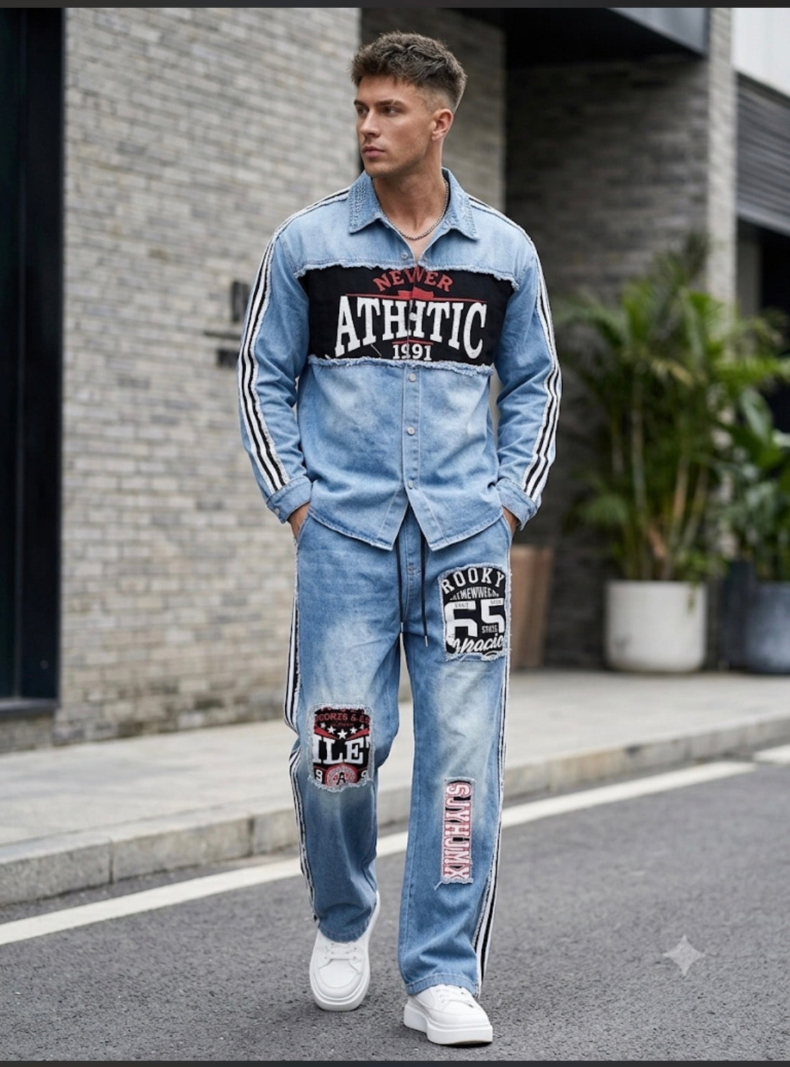 JMX Denim Black Colour Athtic 1991 Print Jacket And Denim Cargo Imported Unisex Coord Set 991082