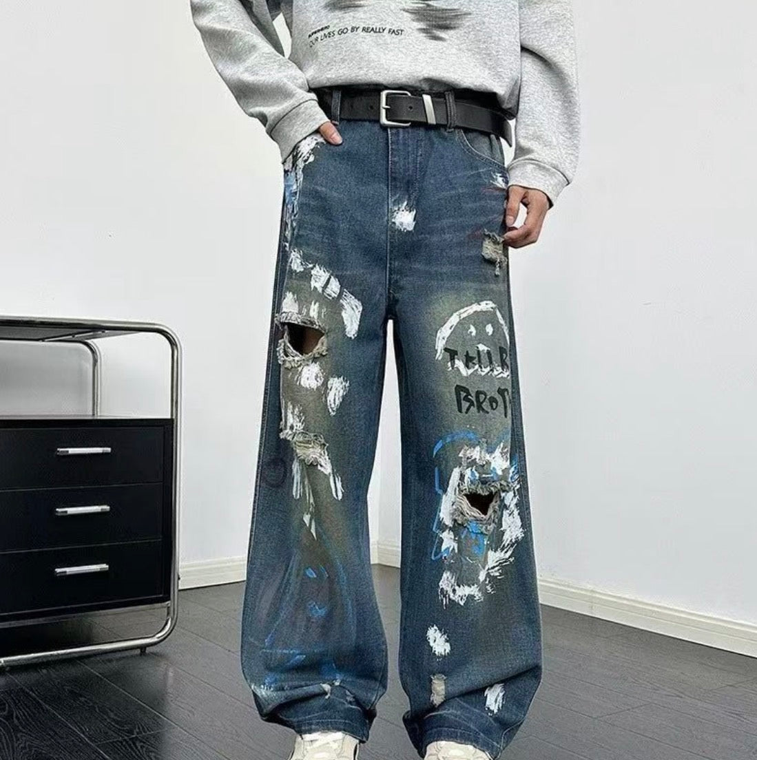 Yilufa Faded Dark Blue Colour Panted Rugged Style Baggy Fit Unisex Imported Denim jeans 7813
