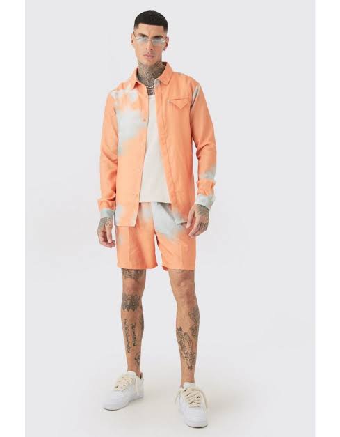 Booh Oob Man Orange Grey Linen Look Pocket Detail Abstract Shirt Short 5045744678851