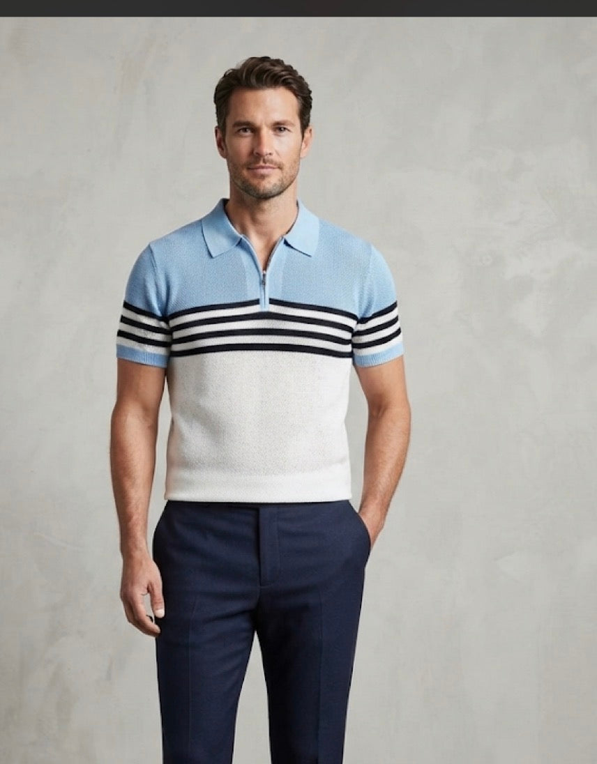 Men Stylish Sky Blue White Colour Black Lining Half Zip Knitted Premium Quality Unisex Collar T-Shirt R86028