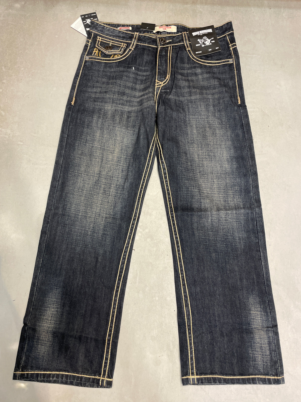 TR TRUE RELIGION Navy Blue Colour Cream Thread Work Premium Quality Baggy Fit Imported Jeans TR15-A