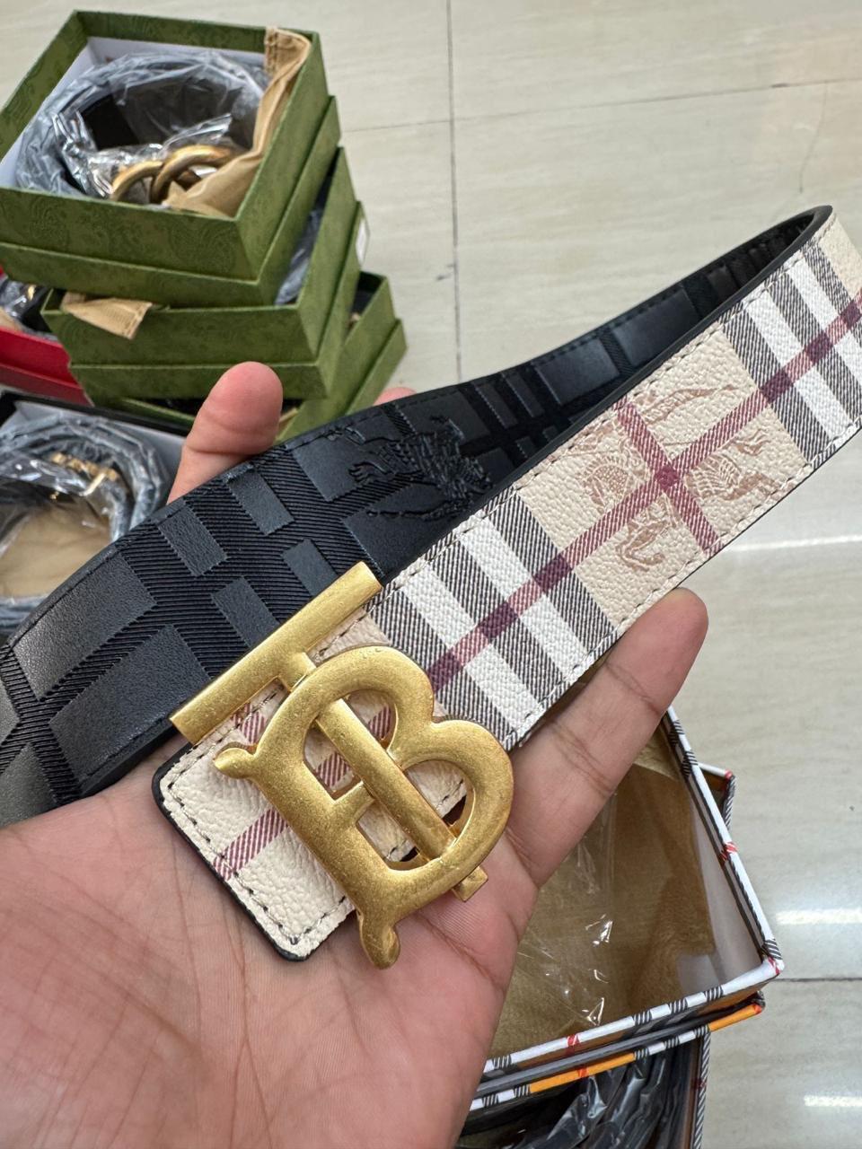 RUB BUR Gold Buckle Black Beige Check Double Side Strap Premium Quality Imported Unisex Belt 990667