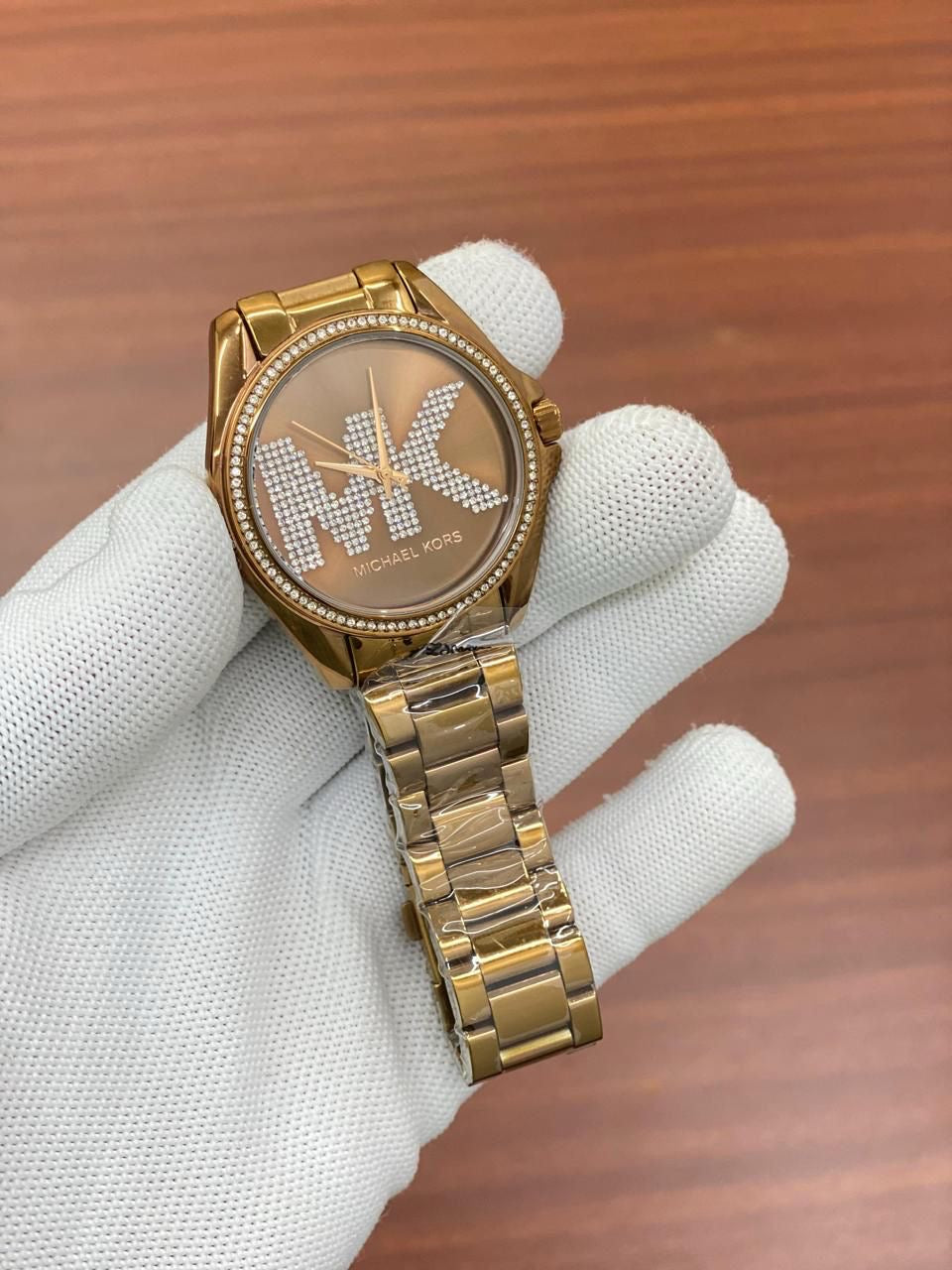 KM Bronze Chain Bronze Dial White Studded Ladies Watch 493119
