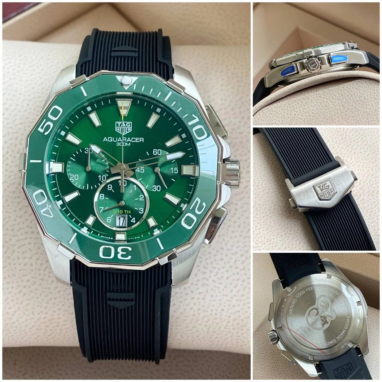 GAT Black Silicon Strap Green Dial Chrono Working Premium Quality Mens Watch 988384