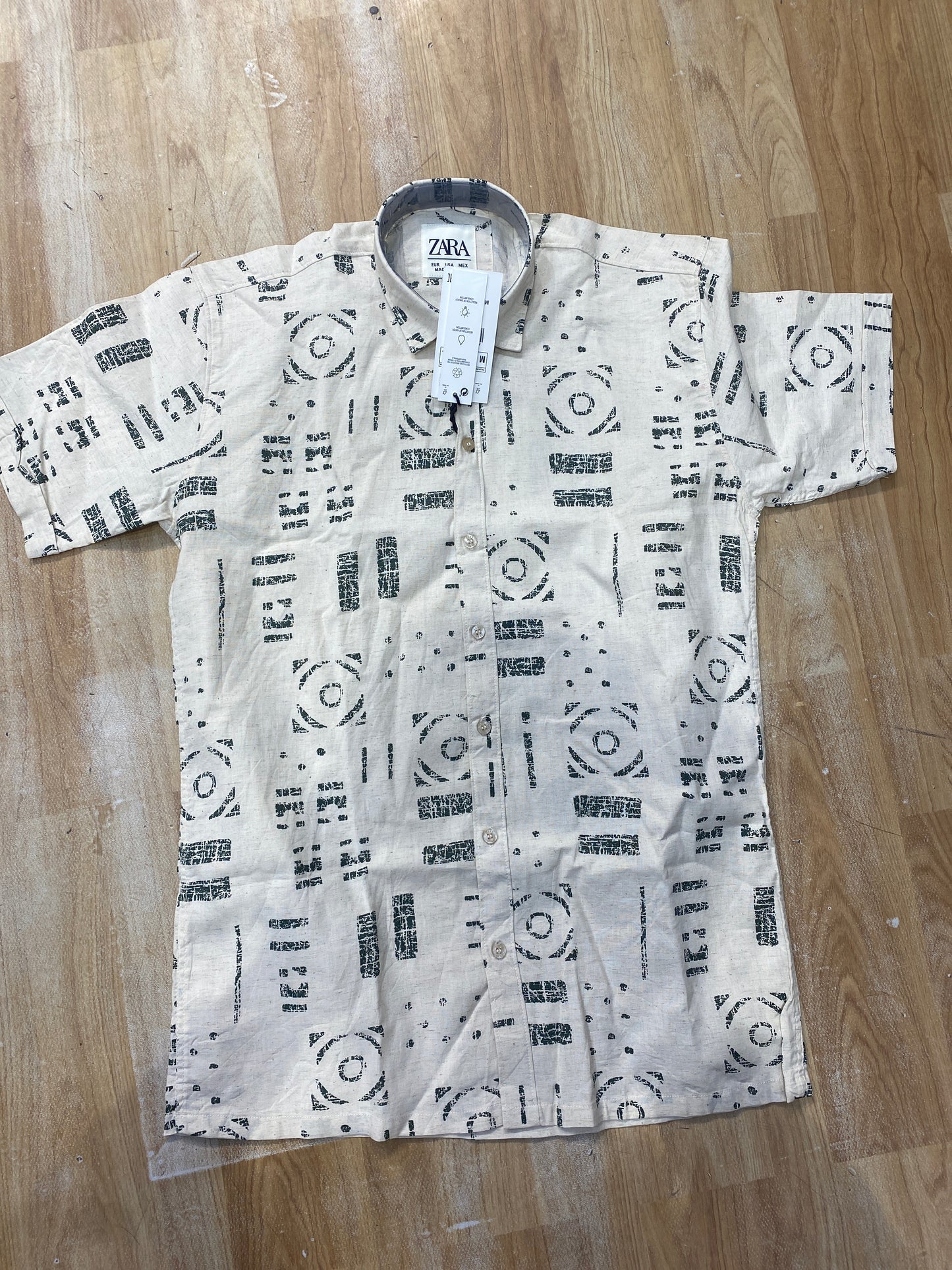 RAZ ZAR Cream Colour Green Print Half Sleeve Linen Shirt 988990