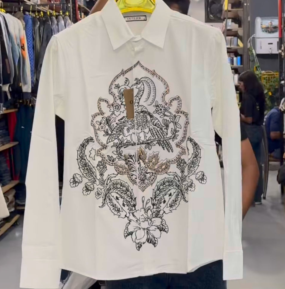 OUTLIER White Colour Stone With Embroidery Full Sleeve Imported Shirt H187