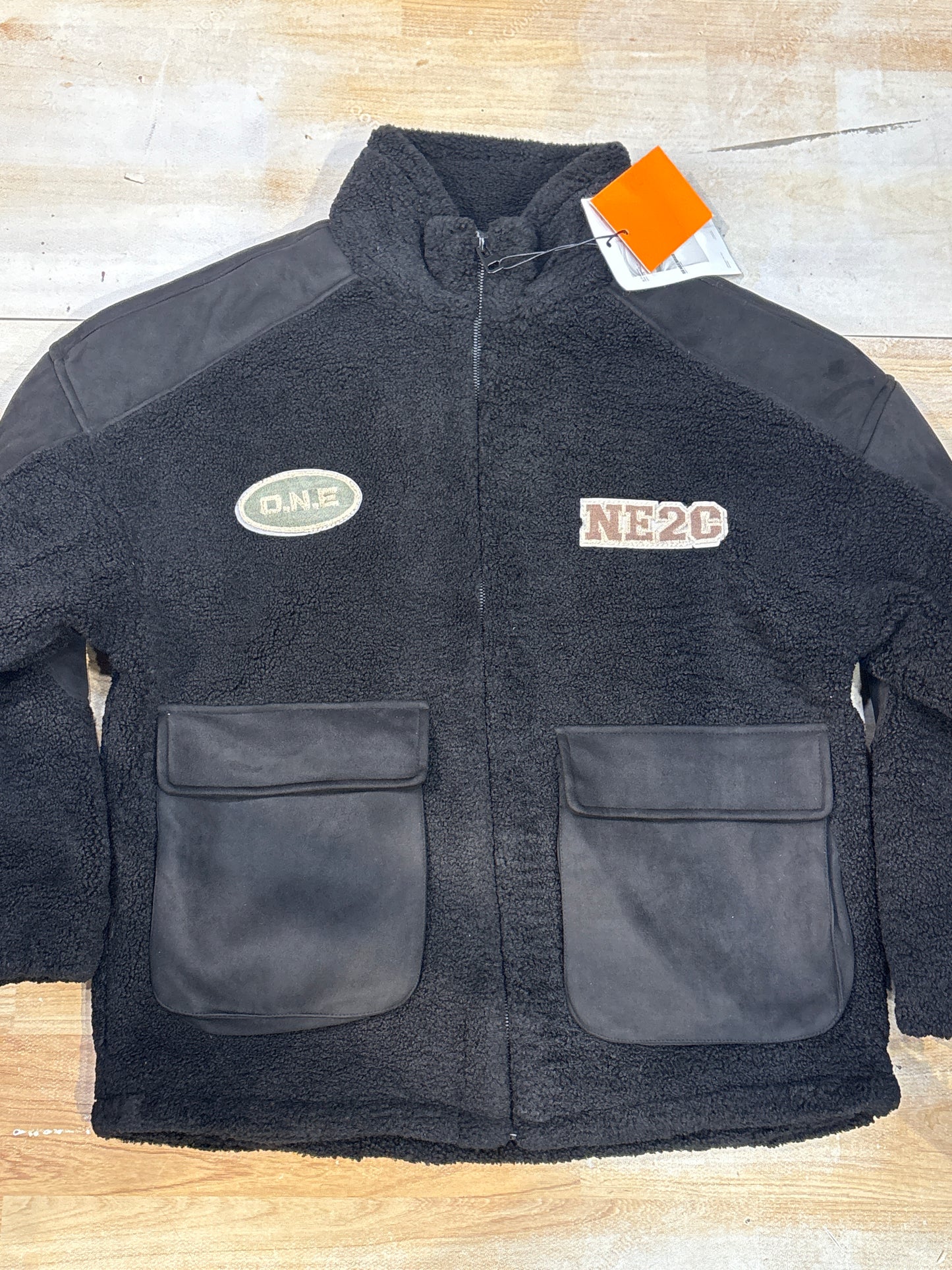 NE2C Black Colour Patch Work Premium Quality Imported Unisex Sheep Jacket 23296