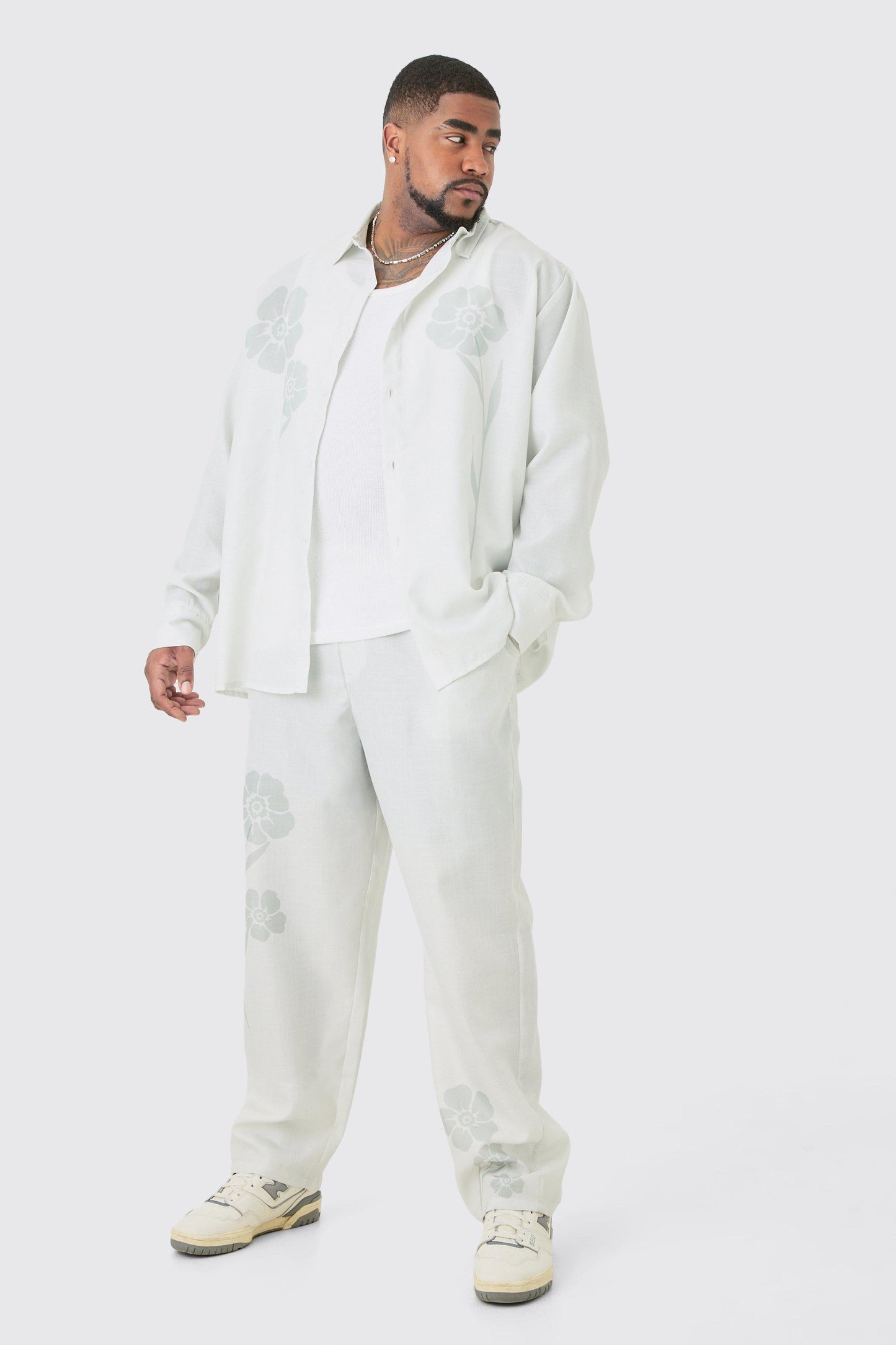 Booh Oob Man White Cream Tonal Floral Linen Look Long Sleev Shirt Pant 5045744680120