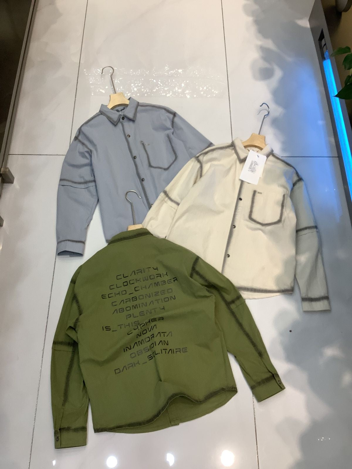 CLARITY CLOCKWORK Cream Denim Grey Line Oversized Men’s Shirt KY-2512