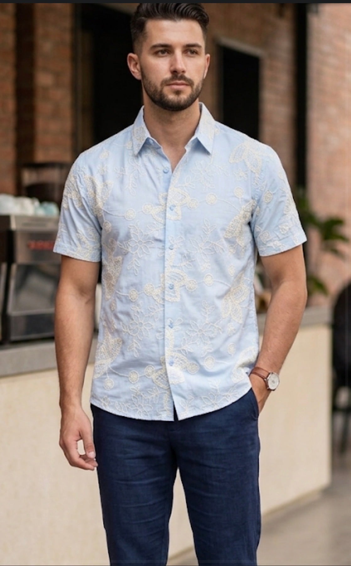B.S.D Sky Blue Colour Flower Embroidery Premium Quality Half Sleeve Shirts 2712