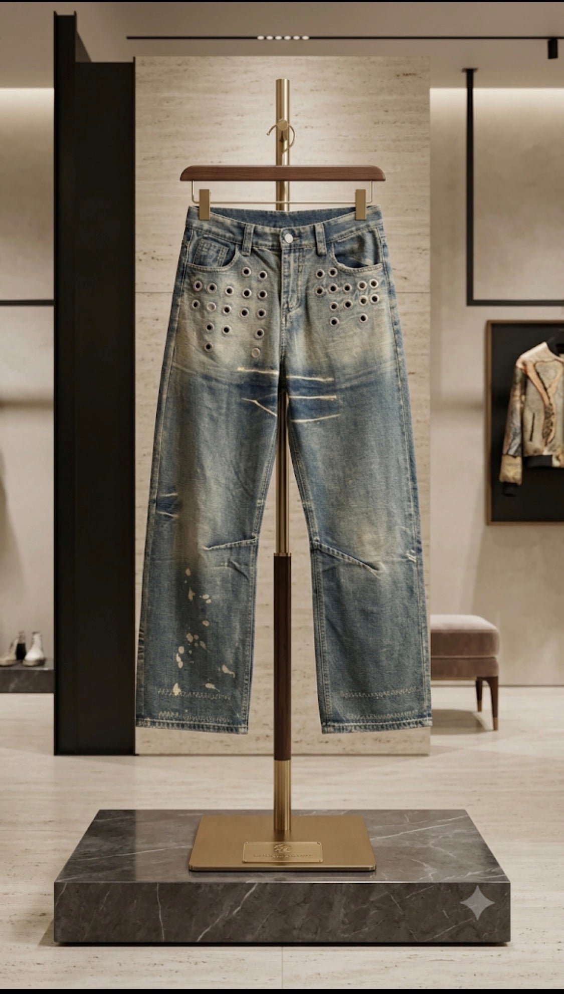 Yilufa Faded Blue Colour Silver Circle Ring Style Baggy Fit Unisex Imported jeans N9079