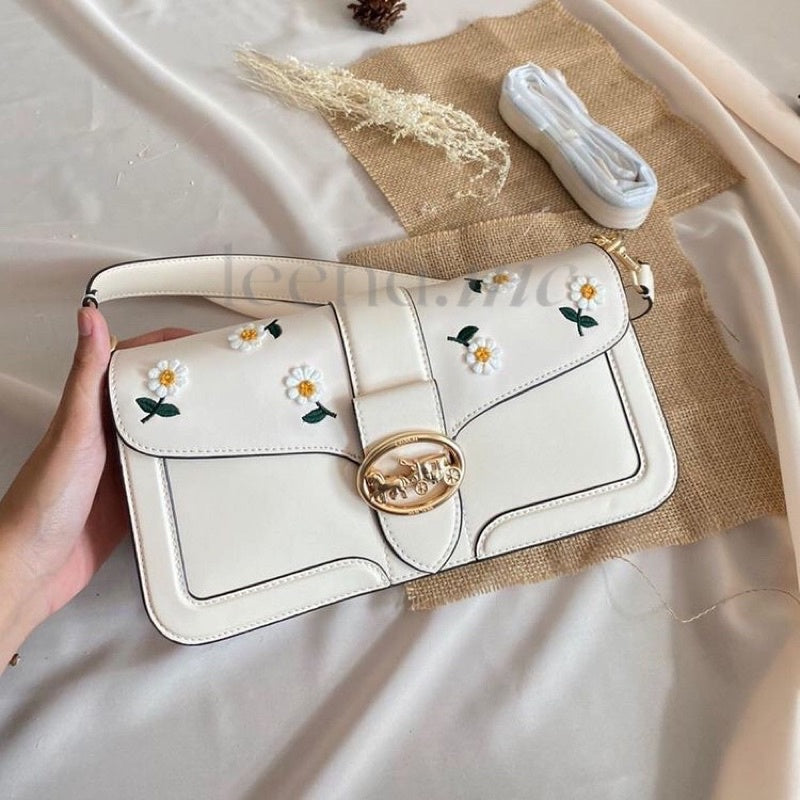 Aoc White Flower Work Gold Buckle Ladies Premium Sling Hand Bag 989754